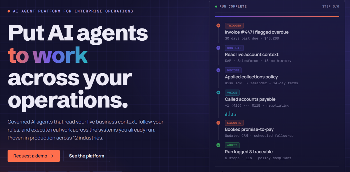 assistents.ai homepage showing governed AI agents for enterprise operations, with an agent run from an overdue-invoice trigger through account context, collections policy, a voice call and an audited promise-to-pay