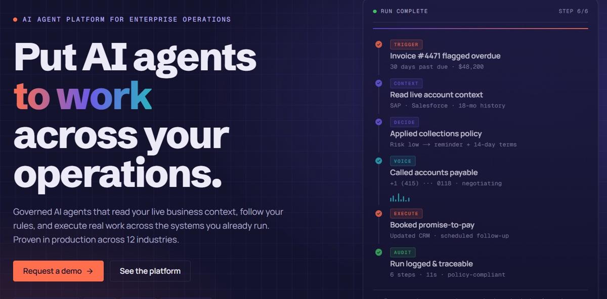 assistents.ai homepage showing governed AI agents for enterprise operations, with an agent run from an overdue-invoice trigger through account context, collections policy and a voice call, alongside SOC 2, GDPR, HIPAA and ISO 27001 badges