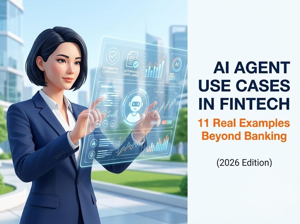 Businesswoman interacting with a holographic AI dashboard showing compliance checks, analytics charts and market data, illustrating the article "AI Agent Use Cases in Fintech: 11 Real Examples Beyond Banking (2026 Edition)