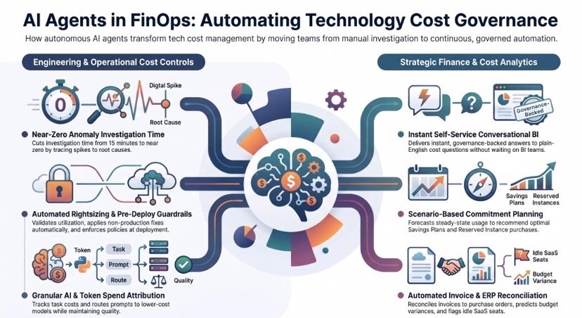 Infographic of AI agents automating technology cost governance, covering anomaly investigation, rightsizing and pre-deploy guardrails and AI token spend attribution, plus conversational cost BI, commitment planning and invoice-to-ERP reconciliation