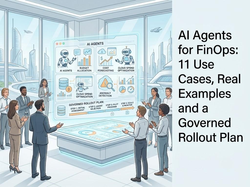 Illustration of a group of business professionals applauding in front of a large holographic screen showing AI agents for budget allocation, cost forecasting, cloud spend optimization and anomaly detection, with a governed rollout plan, beside the title "AI Agents for FinOps: 11 Use Cases, Real Examples and a Governed Rollout Plan