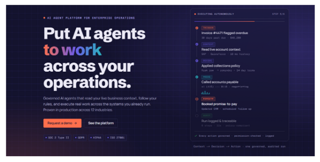 assistents.ai platform screenshot: a governed AI agent running a collections follow-up from trigger through policy, voice, execute and audit
