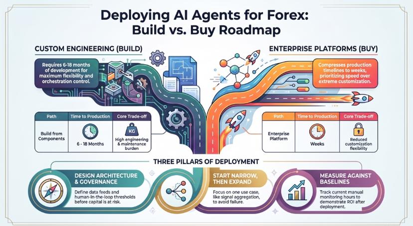 Infographic titled Deploying AI Agents for Forex: Build vs. Buy Roadmap, comparing custom engineering at 6 to 18 months with an enterprise platform in weeks, and the three pillars of deployment: design architecture and governance, start narrow then expand, and measure against baselines
