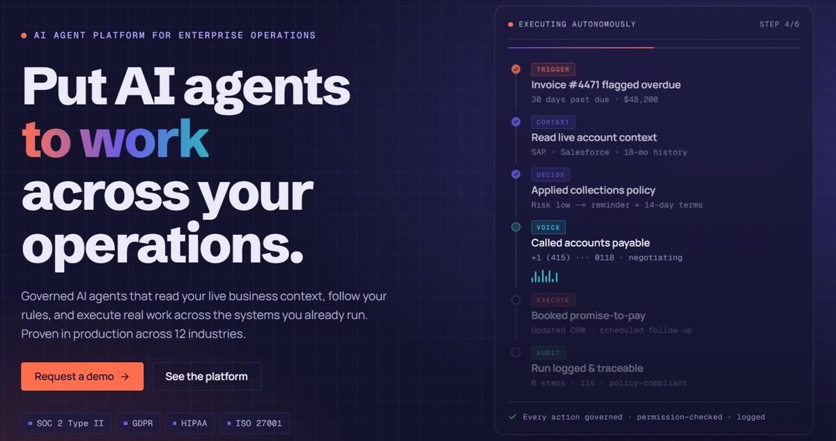 assistents.ai homepage showing governed AI agents for enterprise operations, with an agent run from an overdue-invoice trigger through account context, collections policy and a voice call, alongside SOC 2, GDPR, HIPAA and ISO 27001 badges