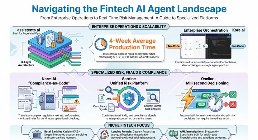 Infographic of the fintech AI agent landscape, grouping assistents.ai and Kore.ai under enterprise operations, Norm Ai, Sardine and Oscilar under risk, fraud and compliance, and Kasisto, Casca and Bretton AI as niche specialists