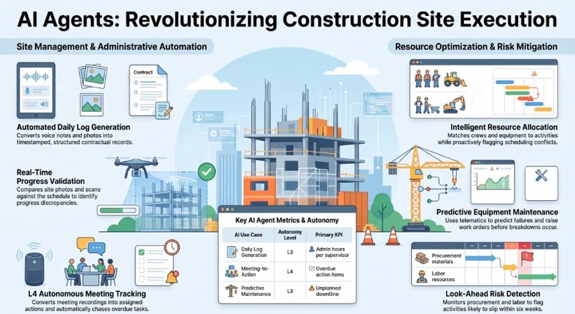 Infographic of AI agents in construction site execution, covering daily log generation, progress validation from site photos, meeting tracking, resource allocation, predictive equipment maintenance and look-ahead risk detection