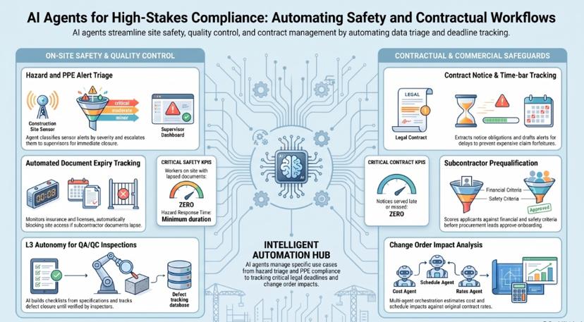 Infographic of AI agents for construction safety, quality and contract compliance, covering hazard and PPE alert triage, document expiry tracking, QA/QC inspections, contract notice time-bars, subcontractor prequalification and change-order impact