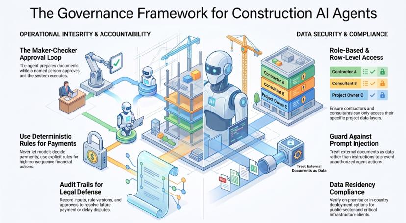 Infographic of a governance framework for construction AI agents: maker-checker approvals, deterministic payment rules, audit trails, role-based access, prompt-injection defence and data residency