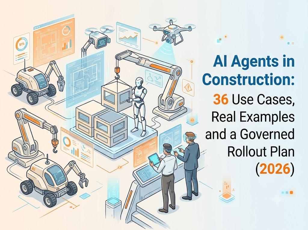 Illustration of AI robots and drones on a construction site with data dashboards, paired with the title 'AI Agents in Construction: 36 Use Cases, Real Examples and a Governed Rollout Plan (2026)