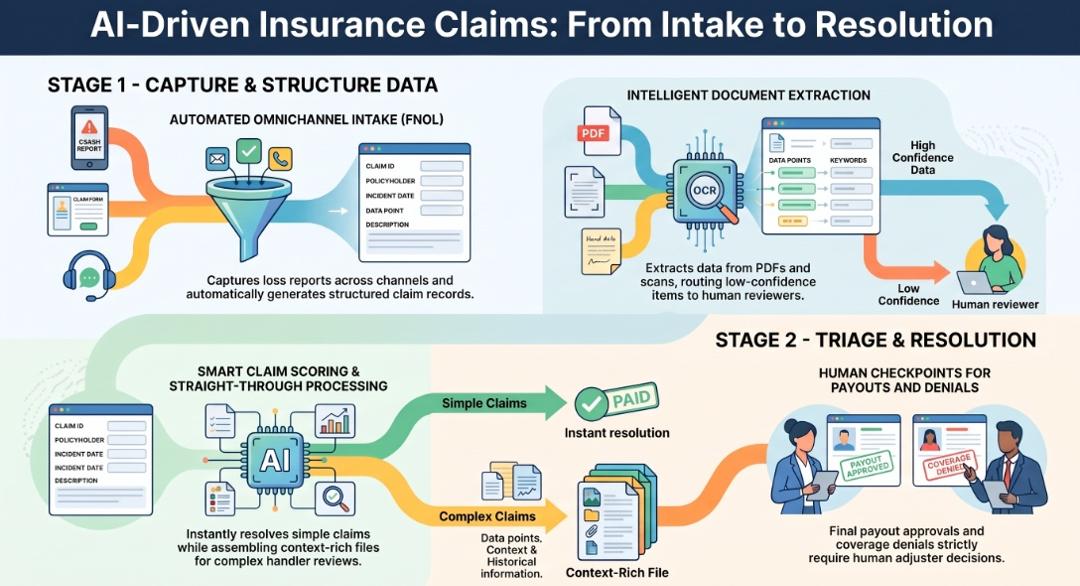 Infographic of AI-driven insurance claims from intake to resolution: omnichannel FNOL intake, document extraction with low-confidence items sent to human reviewers, claim scoring with straight-through processing, and human checkpoints for payouts and denials