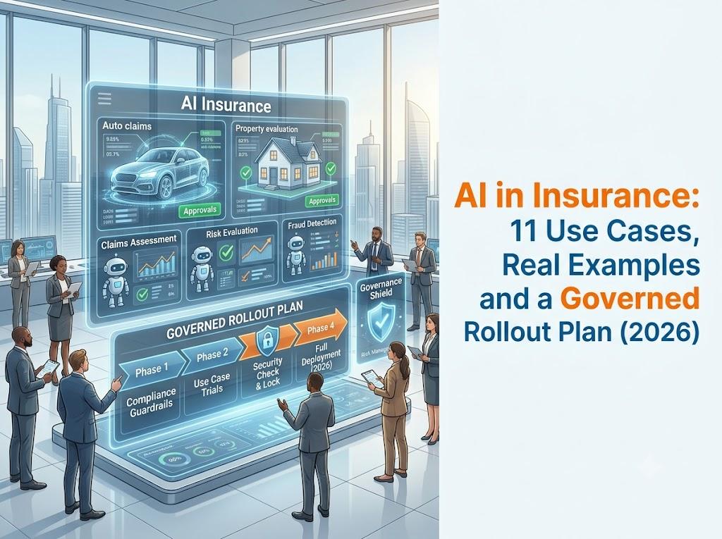 Insurance team reviewing an AI dashboard for claims, risk and fraud detection beside a four-phase governed rollout plan