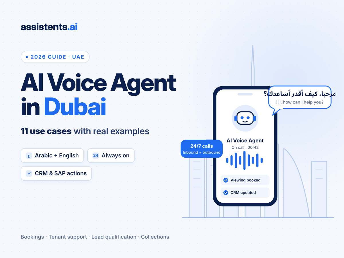 AI voice agent in Dubai answering a customer call in Arabic and English and booking a property viewing in the CRM, with the Dubai skyline behind it