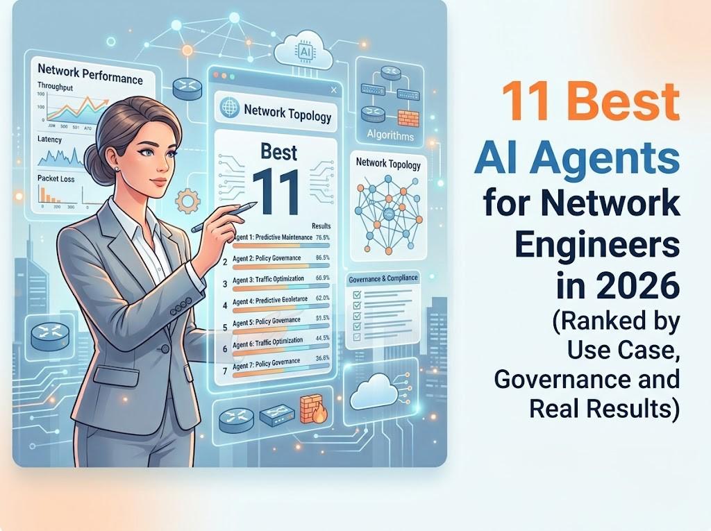 11 Best AI Agents for Network Engineers in 2026" guide, showing a network engineer reviewing an AI dashboard with network topology, performance metrics, algorithm diagrams, and a governance and compliance checklist.