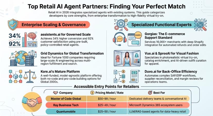 Infographic of top retail AI agent development partners, grouping assistents.ai, Grid Dynamics and Kore.ai under enterprise scale and governance, Gorgias, Vue.ai, SpreeAI and Duvo.ai as functional specialists, and a table of hourly rates for smaller firms