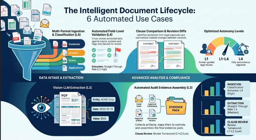Infographic of the intelligent document lifecycle with six automated use cases, from multi-format ingestion and vision-LLM extraction to clause comparison and automated audit evidence assembly