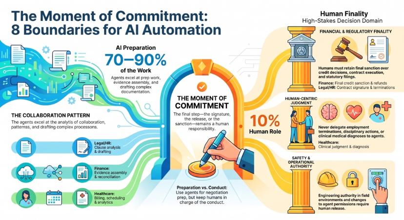 Infographic titled The Moment of Commitment on eight boundaries for AI automation, where agents do 70 to 90 percent of the preparation but a human retains the final signature, release or sanction