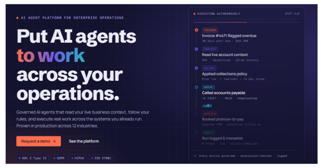 assistents.ai homepage showing governed AI agents for enterprise operations, with an agent run from an overdue-invoice trigger through account context, policy decision, voice call and execution to an audit log