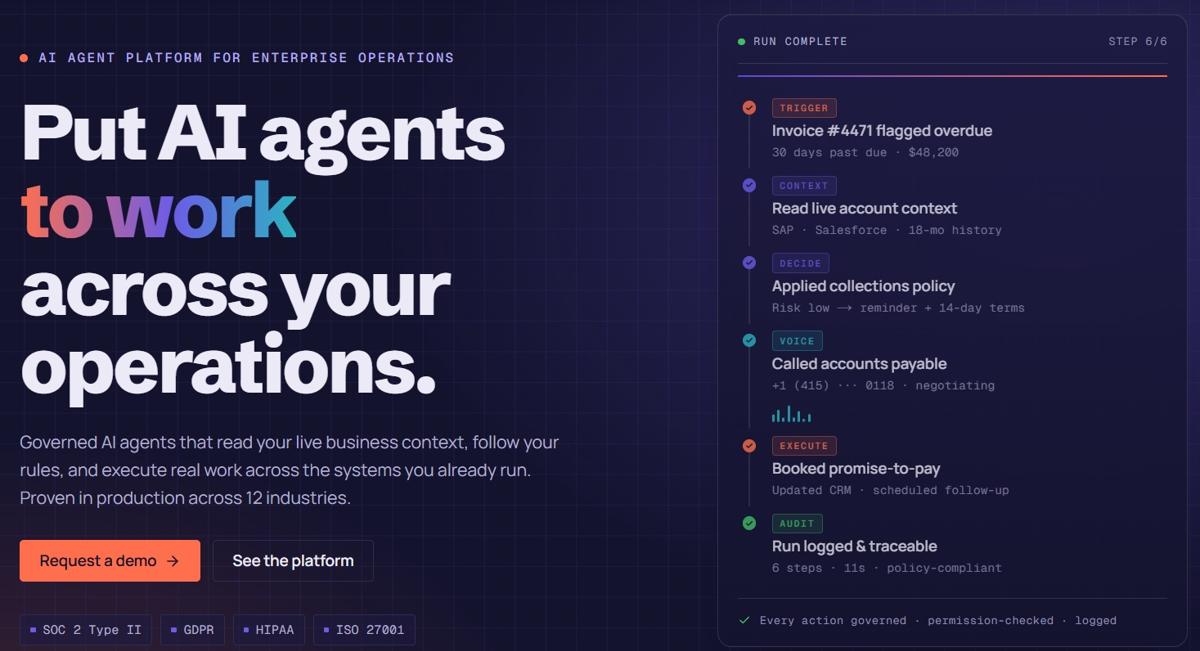 assistents.ai homepage showing governed AI agents for enterprise operations, with a six-step agent run from an overdue-invoice trigger through account context, policy decision, voice call and execution to an audit log