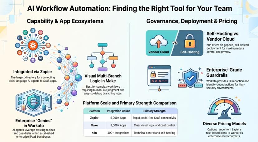Infographic comparing AI workflow automation tools Zapier, Make, n8n and Workato by app ecosystem, integration count, self-hosting, guardrails and pricing