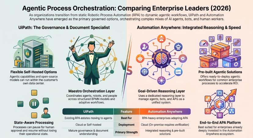 Infographic comparing agentic process orchestration platforms UiPath and Automation Anywhere by orchestration layer, deployment options and primary strength