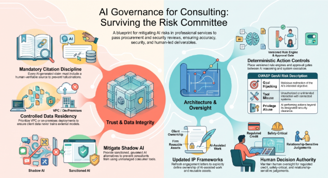 Infographic on AI governance for consulting, covering citation discipline, data residency, shadow AI, IP, deterministic action controls, and human decision authority